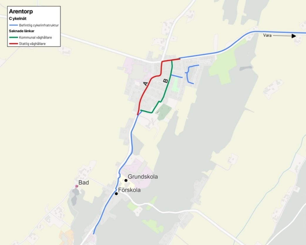 Bilden visar befintligt cykelvägnät i Arentorp
