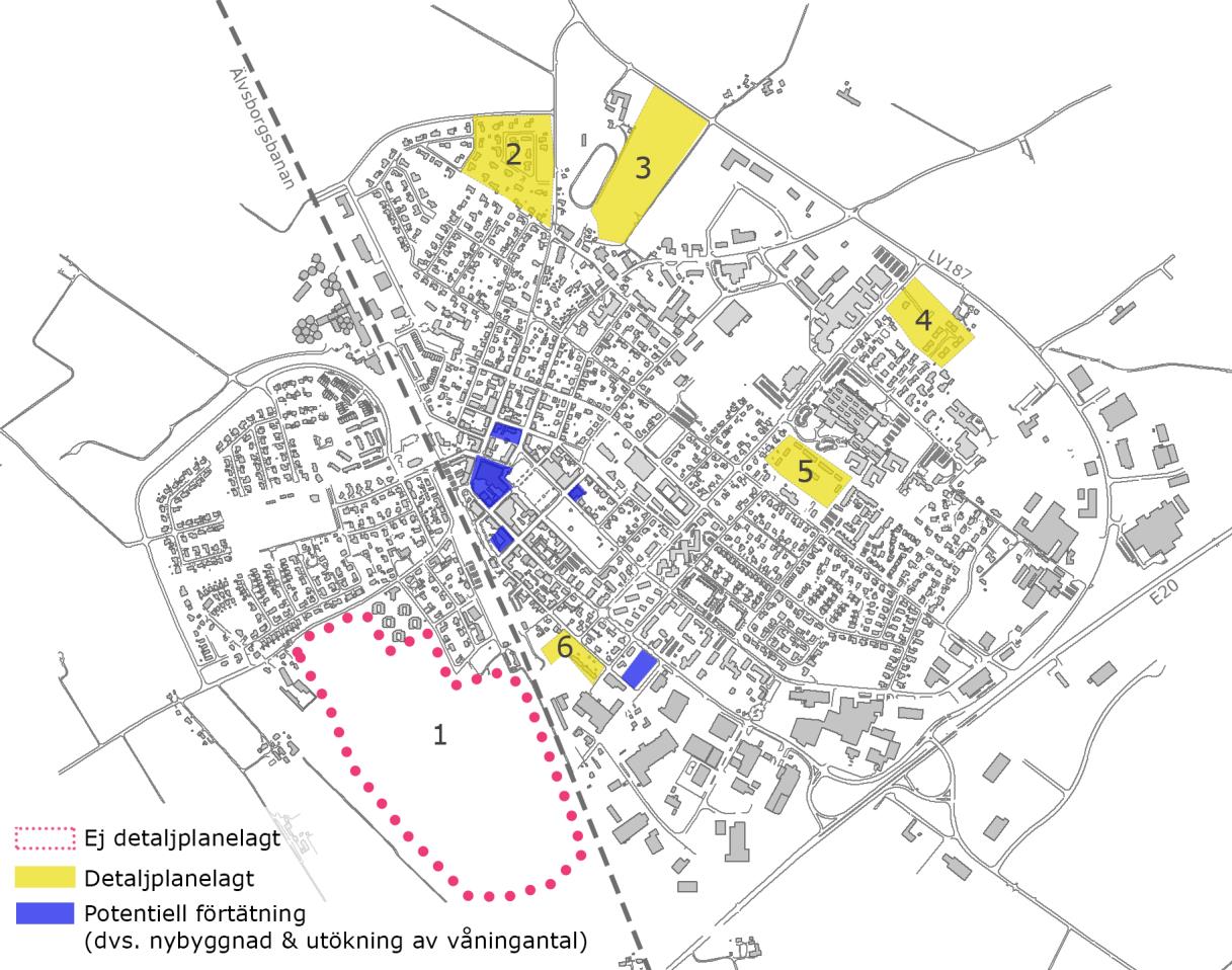 Kartbild över Vara tätort. Detaljplanelagt och ej samt potentiell förtätning utmärkt.