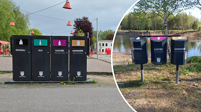 Två  typer av källsorteringskärl: ett med fyra fack och ett källsorteringskärl med tre fack.