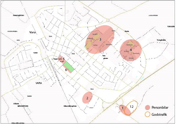 Karta över Vara tätort med utpekade lämpliga områden för placering av laddpunkter.